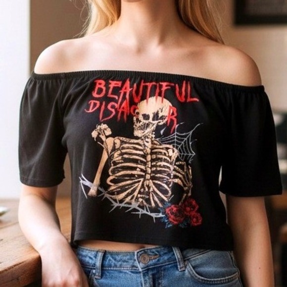 ROMWE Tops - Romwe Beautiful Disaster Skeleton Graphic Off Shoulder Crop Top Black Large